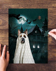 Custom pet puzzle featuring a dog in a ghost costume before a haunted house under a full moon.