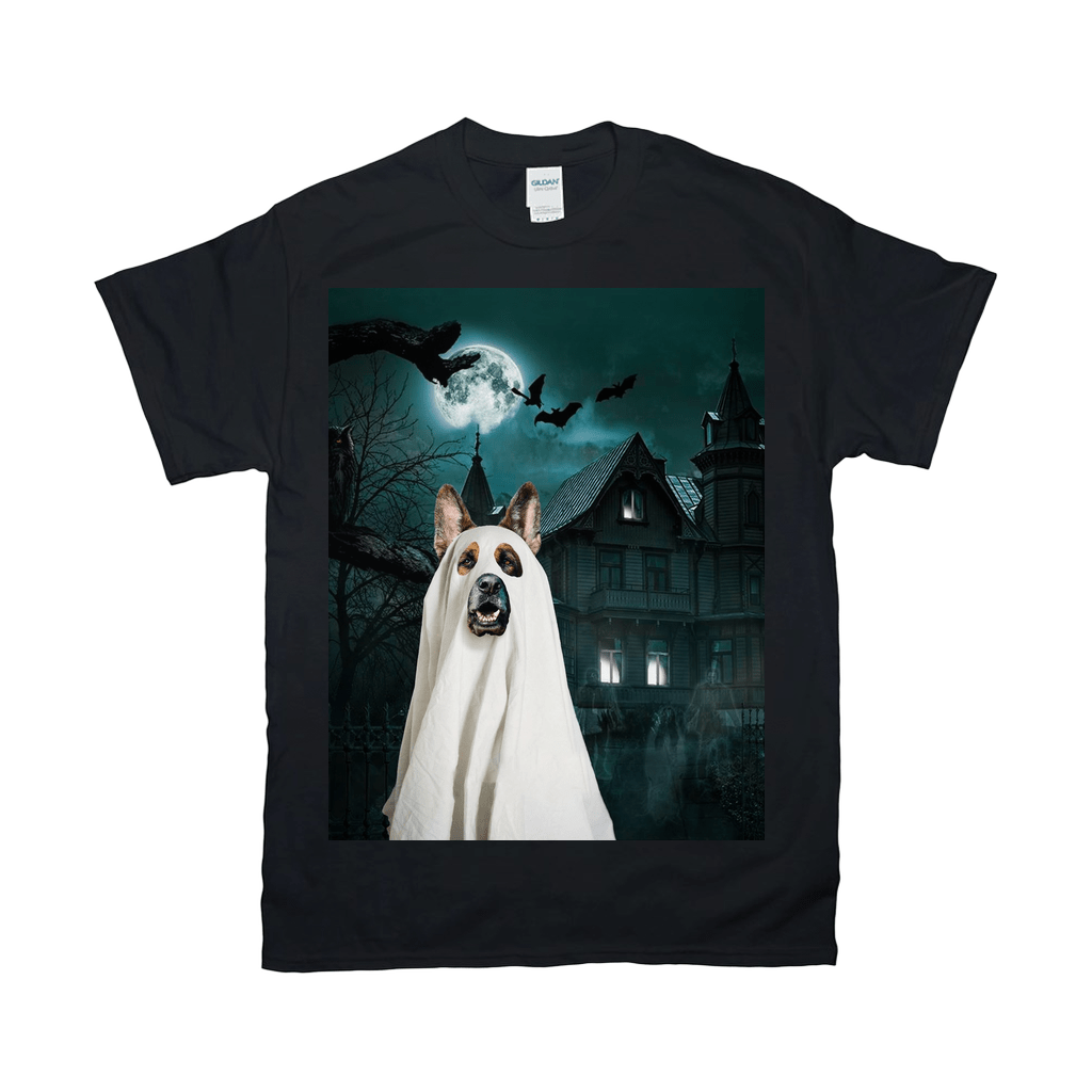 Black Gildan t-shirt with a personalized ghost dog design in front of a haunted house.