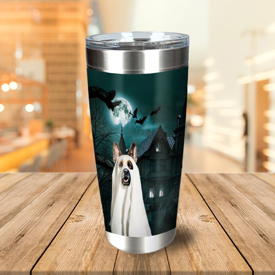 Personalized stainless steel tumbler with a dog in a ghost costume in front of a haunted house.