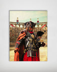 Personalized pet poster featuring a Rottweiler as a Roman Gladiator in an arena, matte finish.