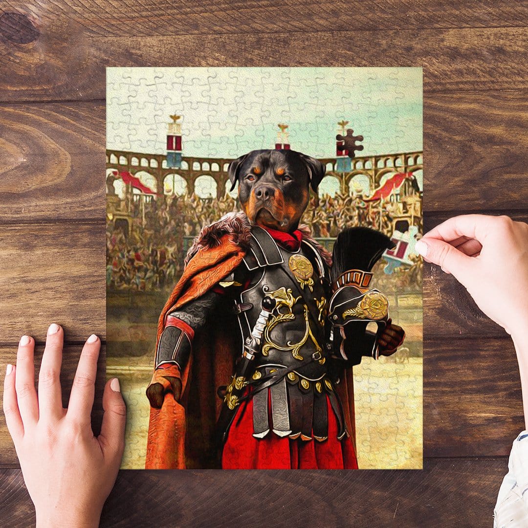 Personalized Rottweiler pet puzzle in a Gladiator costume, with hands assembling pieces.