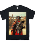 Black Gildan t-shirt featuring a Rottweiler in Gladiator armor with a red cape, standing in an arena.