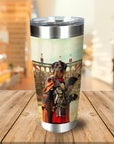 Personalized stainless steel tumbler with a Rottweiler pet portrait in a Gladiator costume.