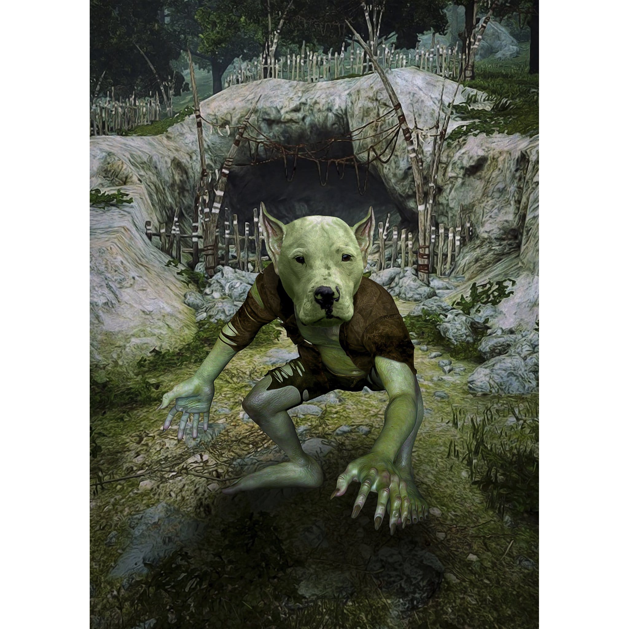 Custom digital portrait of a dog's head on a goblin body in a cave setting.