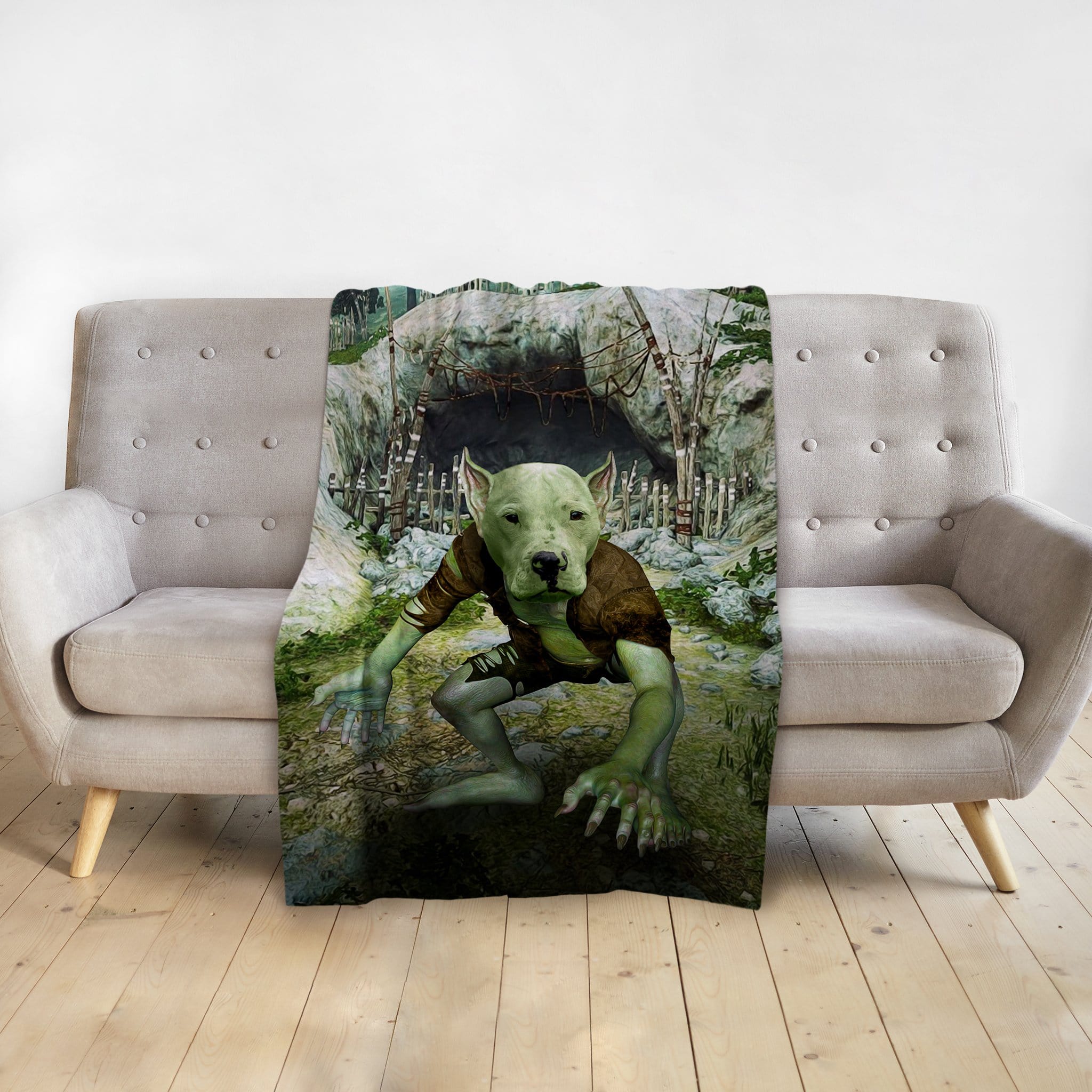 Personalized pet blanket featuring a custom Doggovinci goblin portrait of a pet.