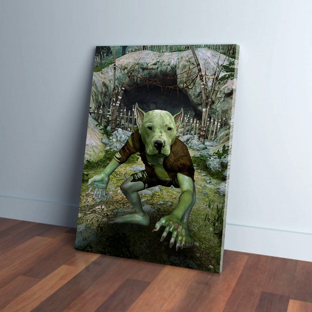 Personalized pet canvas featuring a dog's head on a green goblin body in a forest setting.