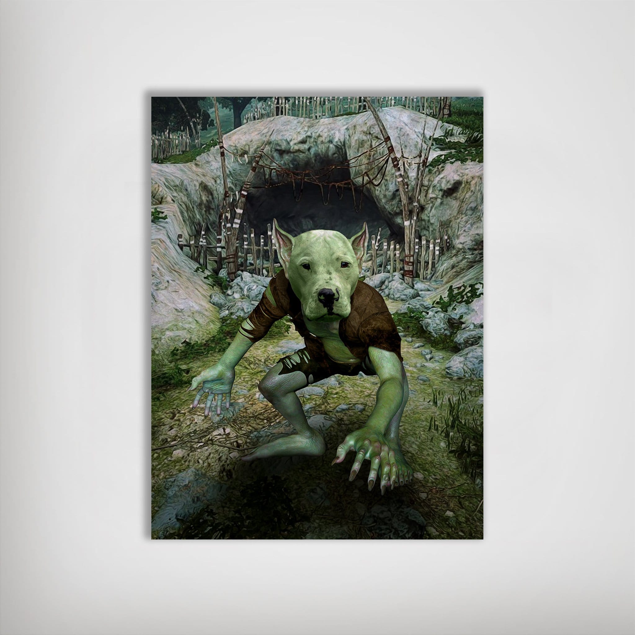Personalized 'The Goblin' pet poster featuring a dog's head on a green goblin body in a cave setting.