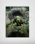 Personalized 'The Goblin' pet poster featuring a dog's head on a green goblin body in a cave setting.