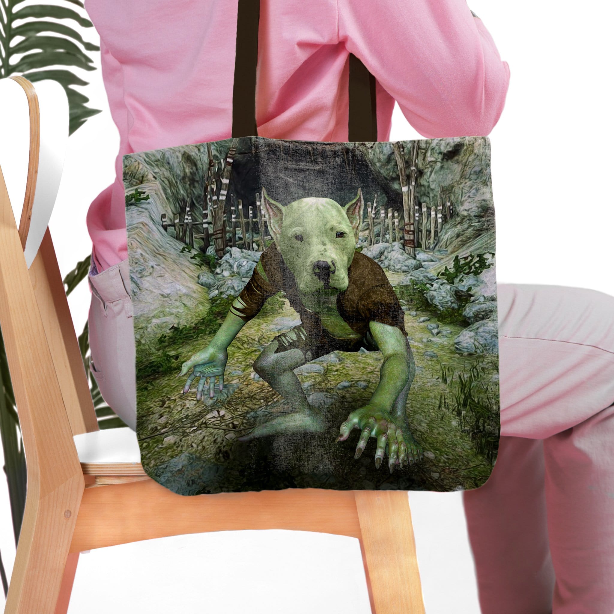 Personalized 'Goblin' tote bag with a custom pet portrait of a dog in a green goblin style.