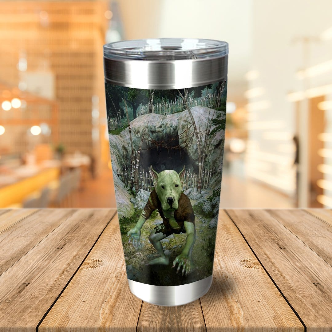 Personalized stainless steel tumbler with a custom dog portrait in a goblin-like, fantasy style.