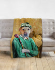 Personalized pet blanket with a golden retriever in a golfer portrait, green sweater and plaid hat.