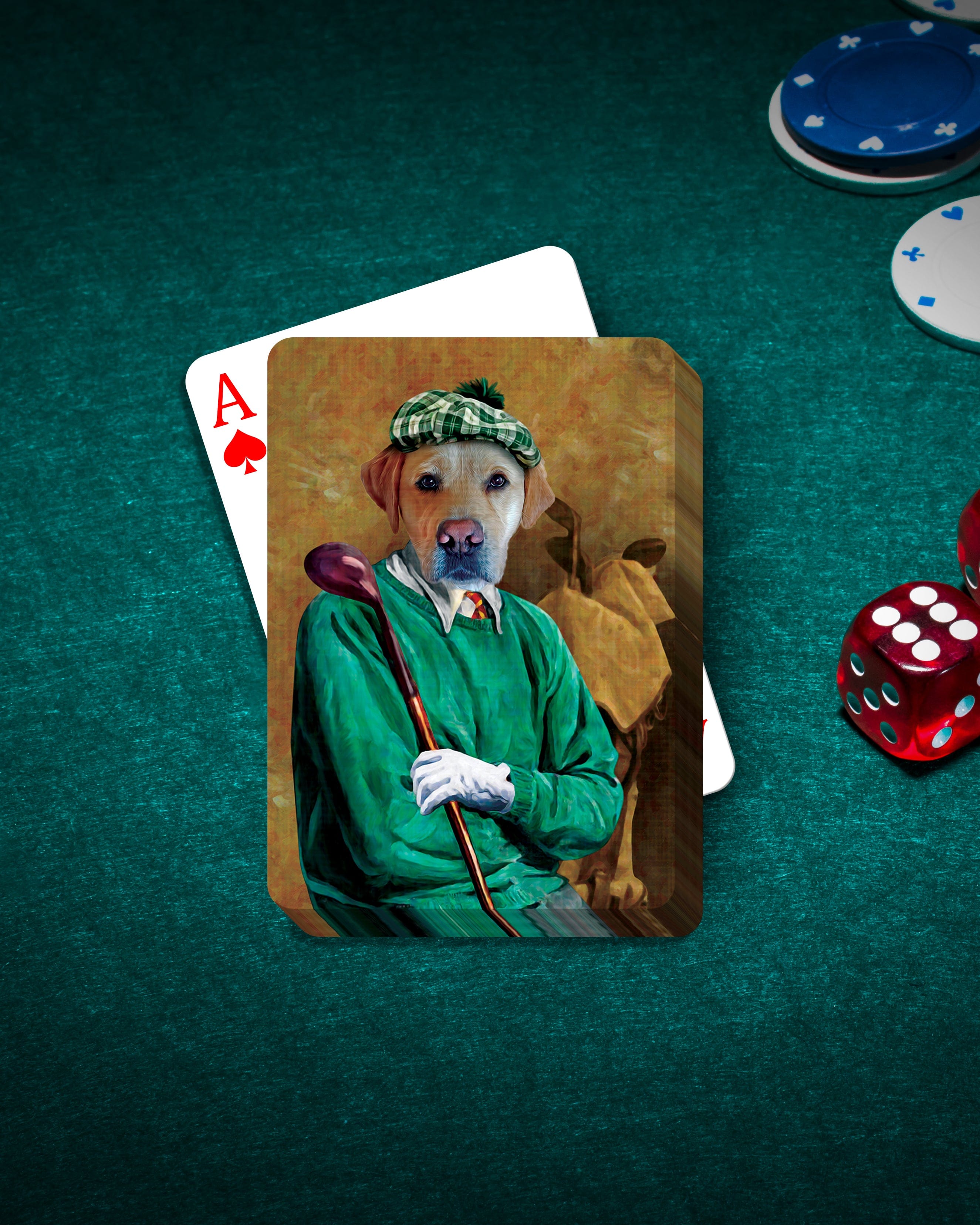Personalized pet playing cards featuring a custom portrait of a Labrador dog dressed as a golfer.
