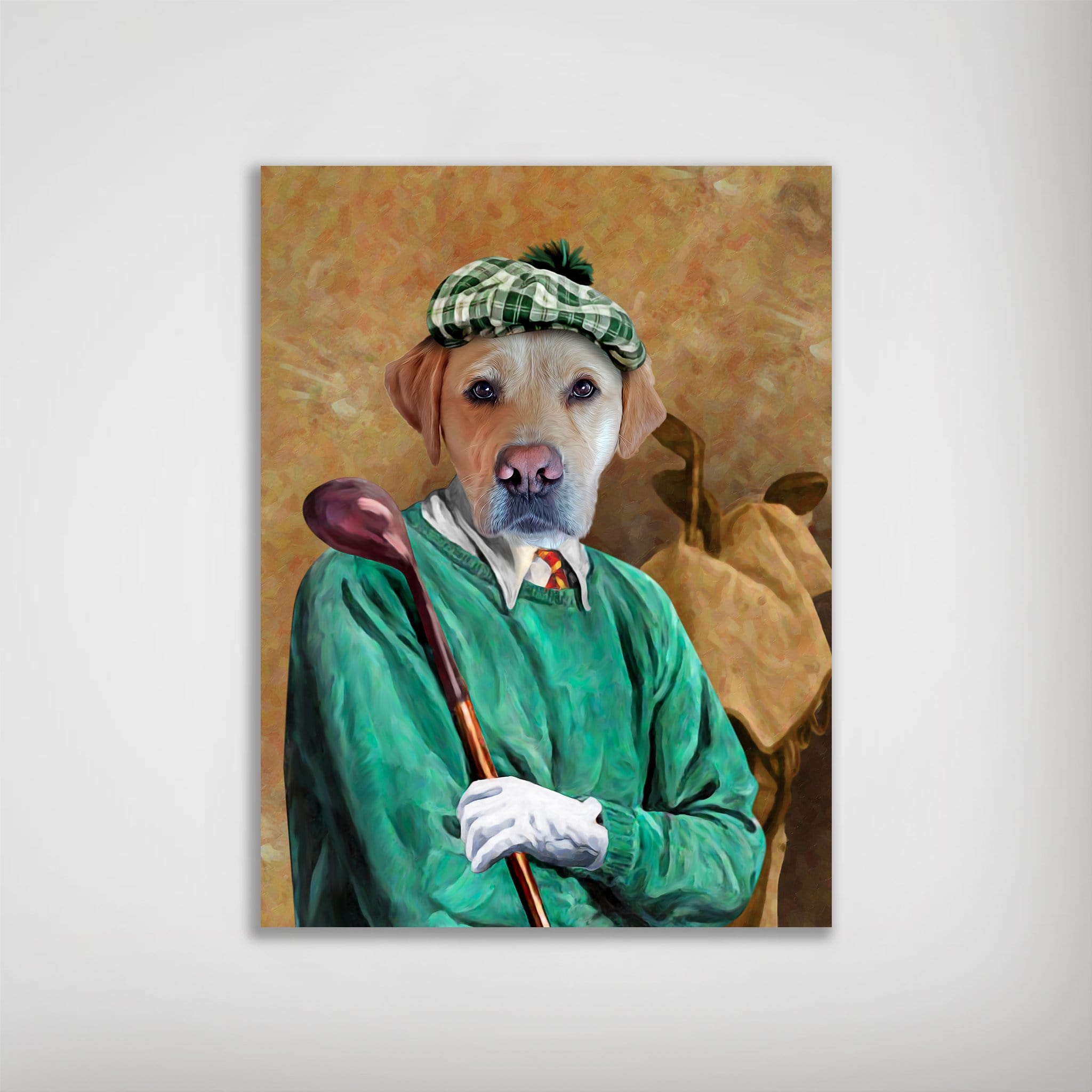 Custom pet portrait poster featuring a Labrador in a green sweater, plaid golf cap, and white glove, holding a golf club.