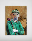 Custom pet portrait poster featuring a Labrador in a green sweater, plaid golf cap, and white glove, holding a golf club.