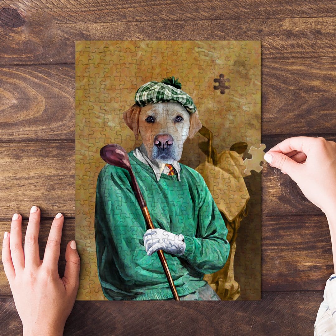 Personalized pet puzzle featuring a yellow lab in a green golfer outfit, held by hands on a wood table.