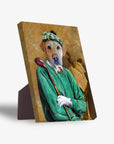 Personalized pet standing canvas featuring a dog's head on a golfer's body in a green sweater and plaid hat.