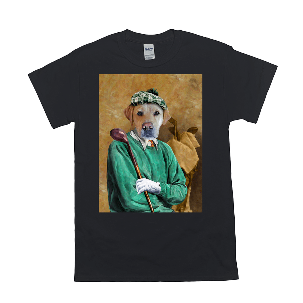 Black Gildan t-shirt featuring a personalized pet portrait of a dog dressed as a golfer in a green sweater.
