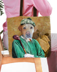 Personalized Golfer Tote Bag with a custom Labrador pet portrait in a green outfit.