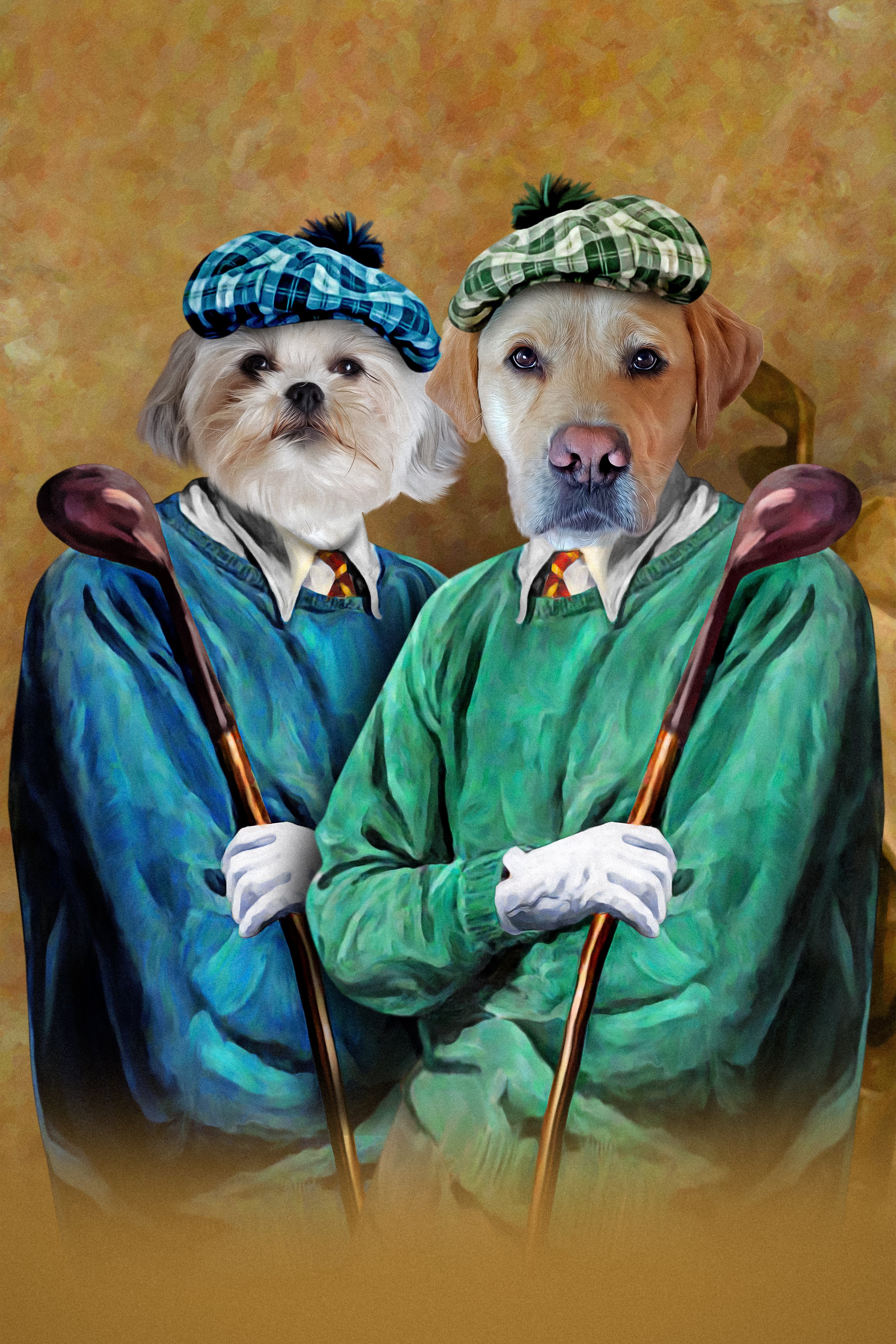 Custom digital portrait of two pets as golfers, a Shih Tzu and a Labrador, in blue and green sweaters.