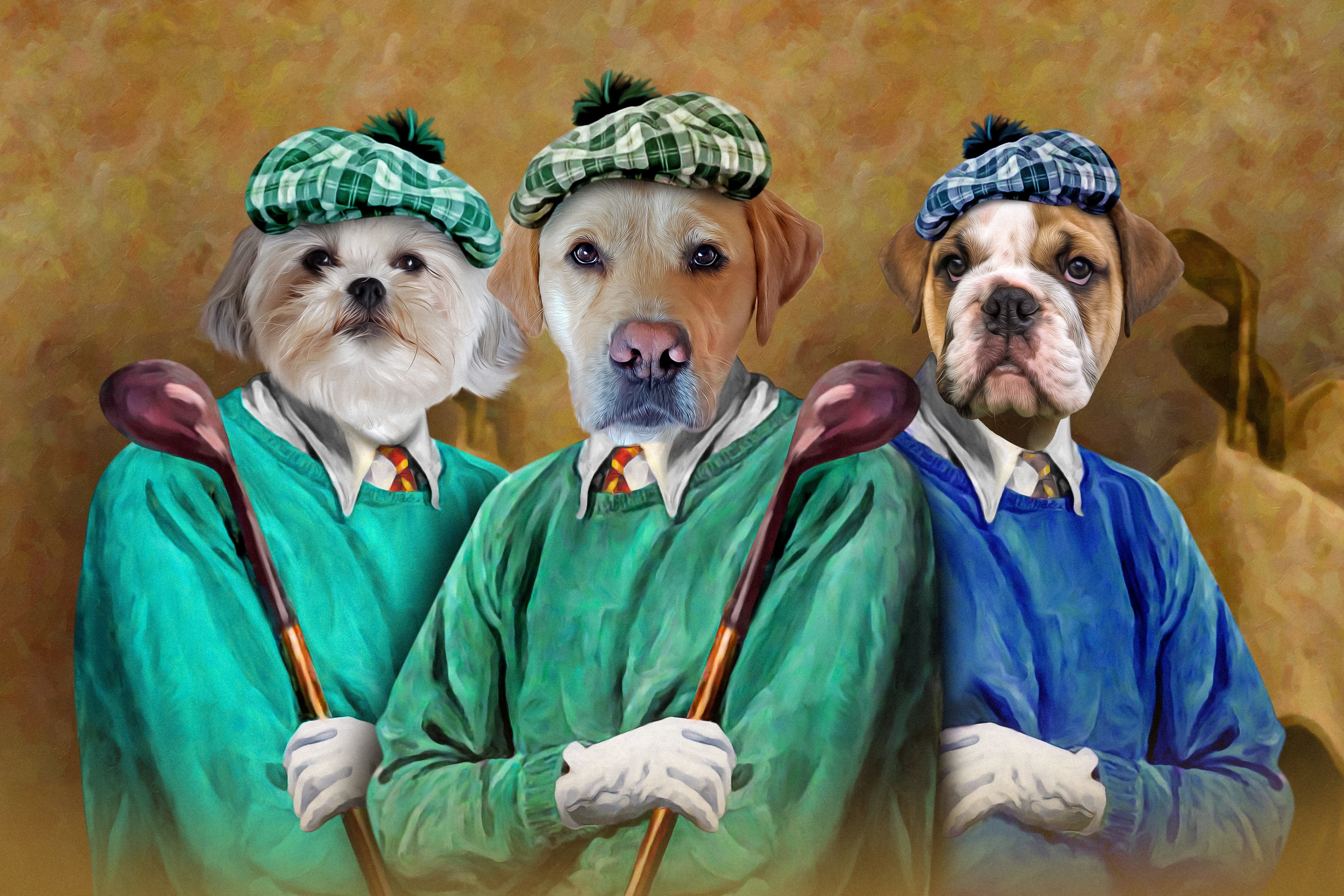 Custom digital portrait of three pets dressed as golfers in plaid hats.