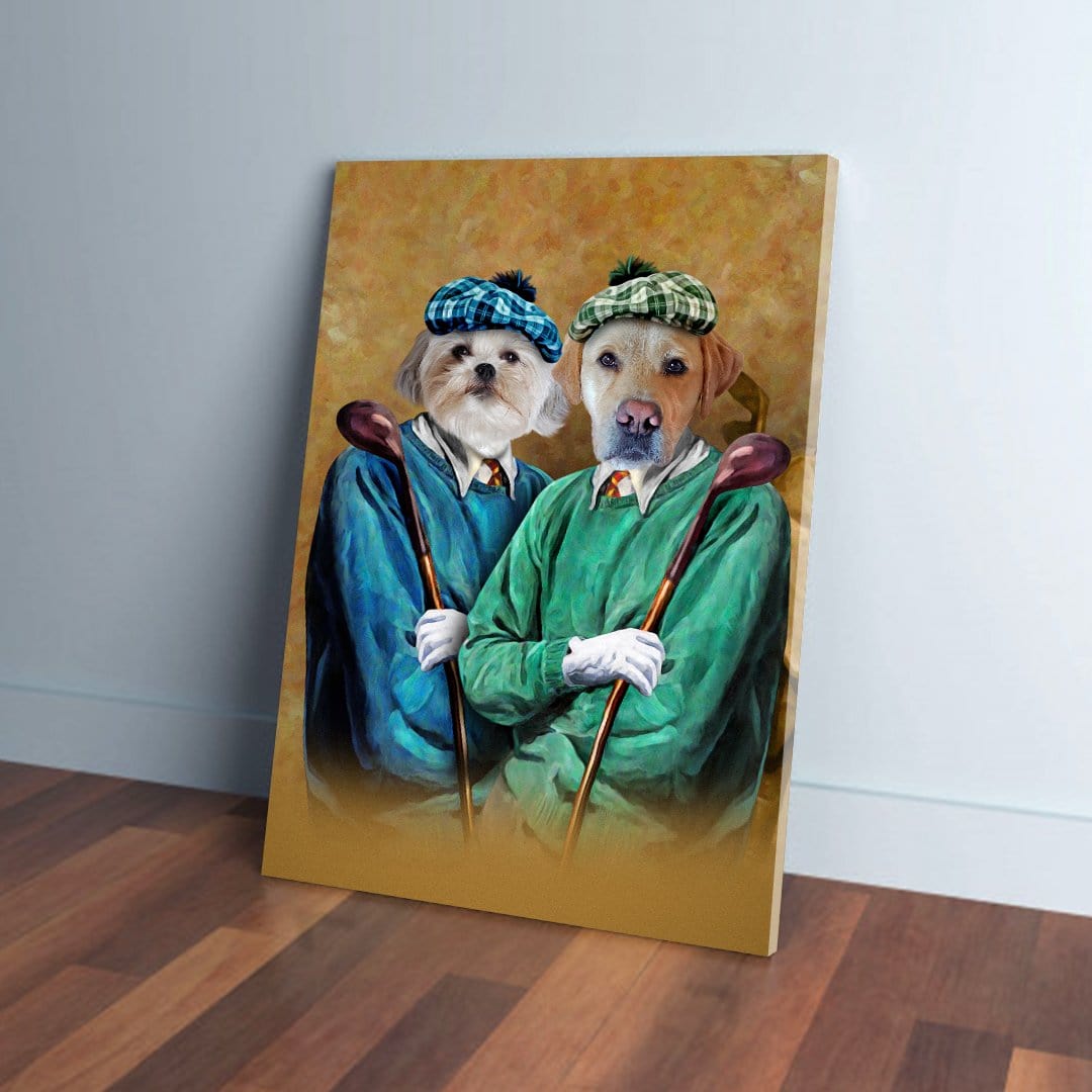 Two personalized pet portraits on canvas, dogs dressed as golfers in blue and green outfits.