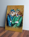 Two personalized pet portraits on canvas, dogs dressed as golfers in blue and green outfits.