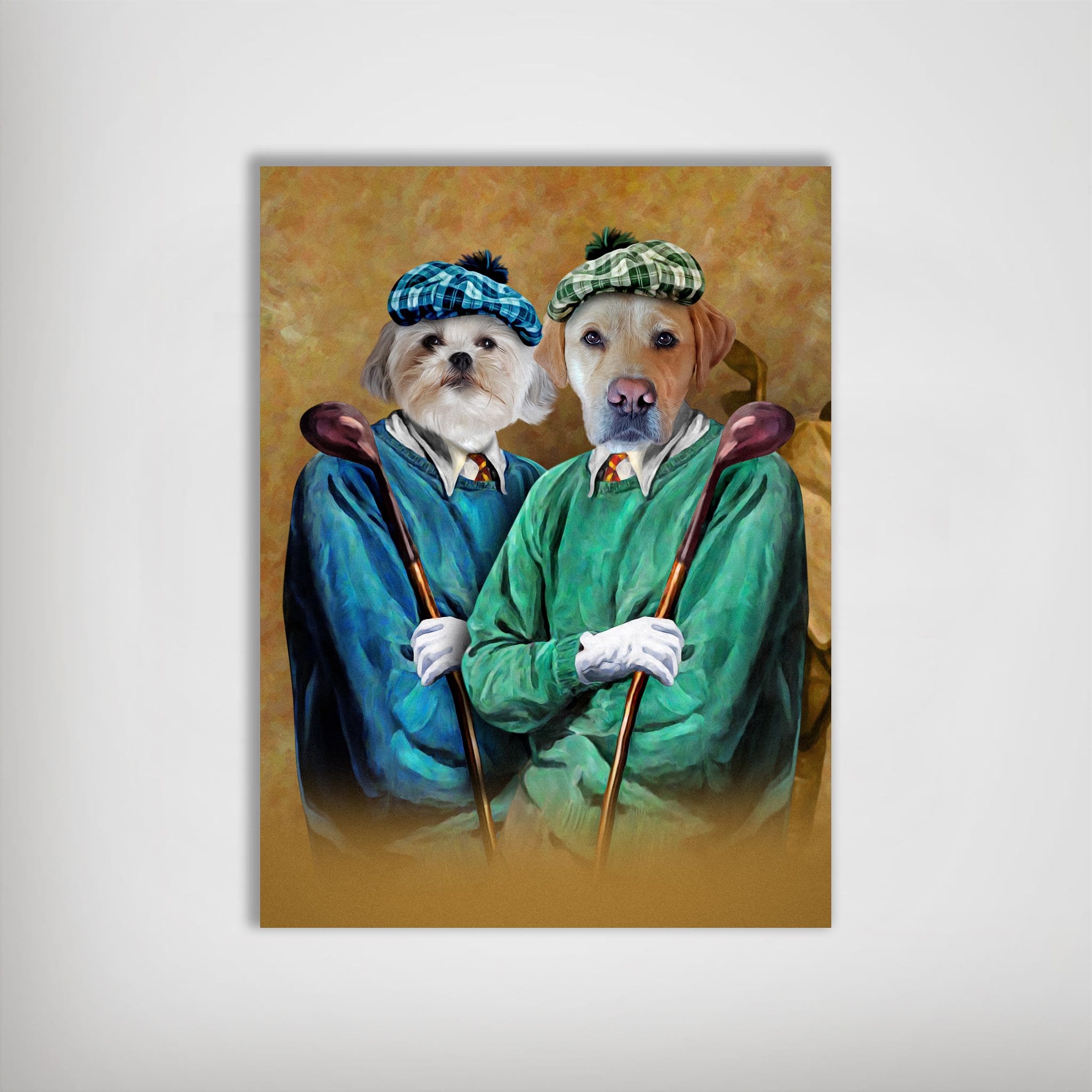 Personalized 'The Golfers' poster featuring two pets dressed in golf attire, a white dog in blue and a yellow lab in green.