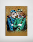 Personalized 'The Golfers' poster featuring two pets dressed in golf attire, a white dog in blue and a yellow lab in green.