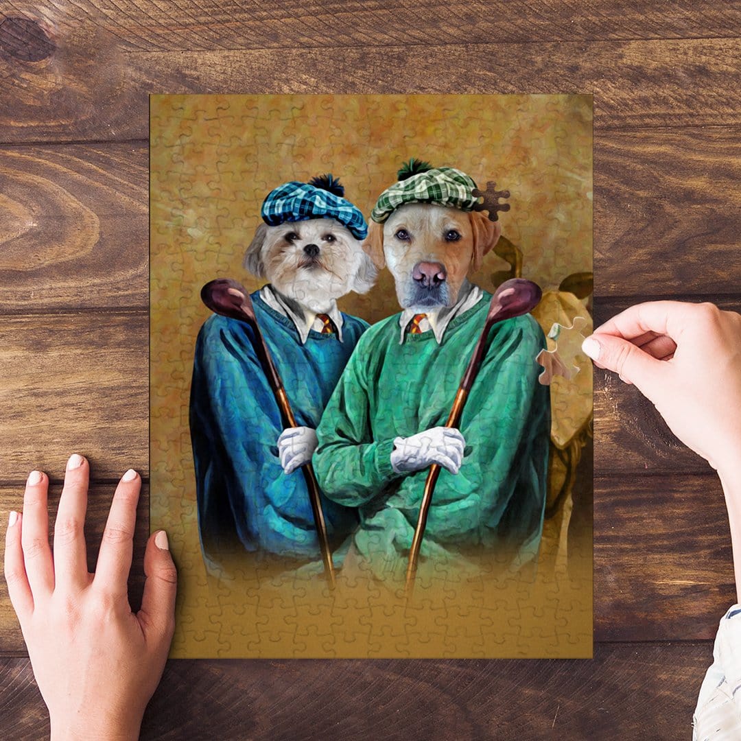 Personalized 2-pet golf portrait puzzle featuring a Shih Tzu and Labrador in renaissance-style attire.