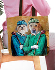 Personalized pet portrait tote bag featuring two dogs dressed as golfers in a renaissance style.