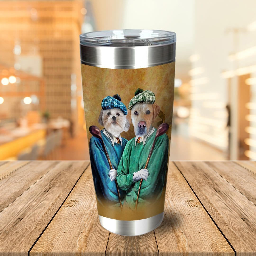 Personalized stainless steel tumbler with two pet portraits dressed as golfers in renaissance style.