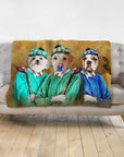 Personalized custom blanket with three pets as golfers in renaissance-style portraits.