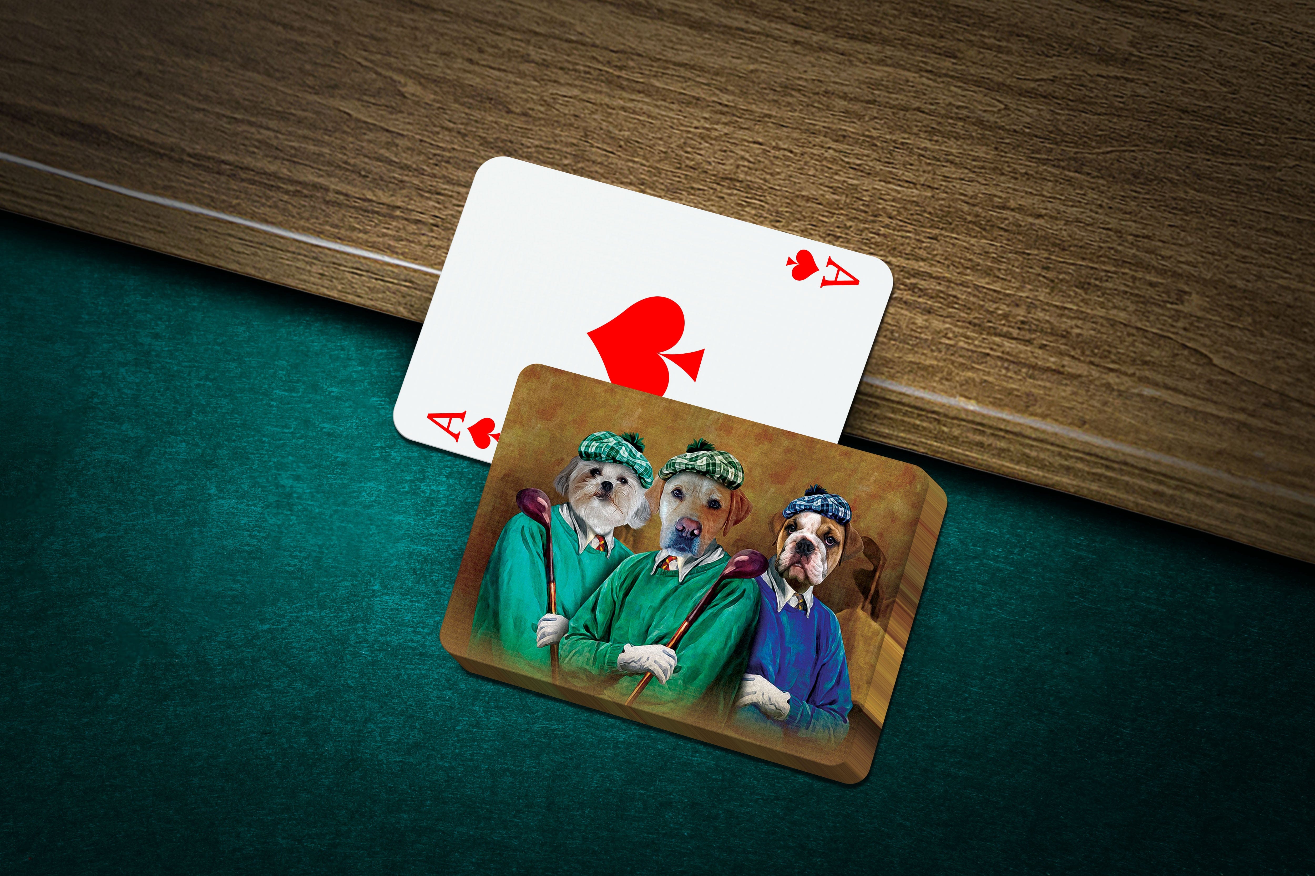 Personalized playing cards featuring three pets as golfers in a renaissance portrait style, on a green felt table.