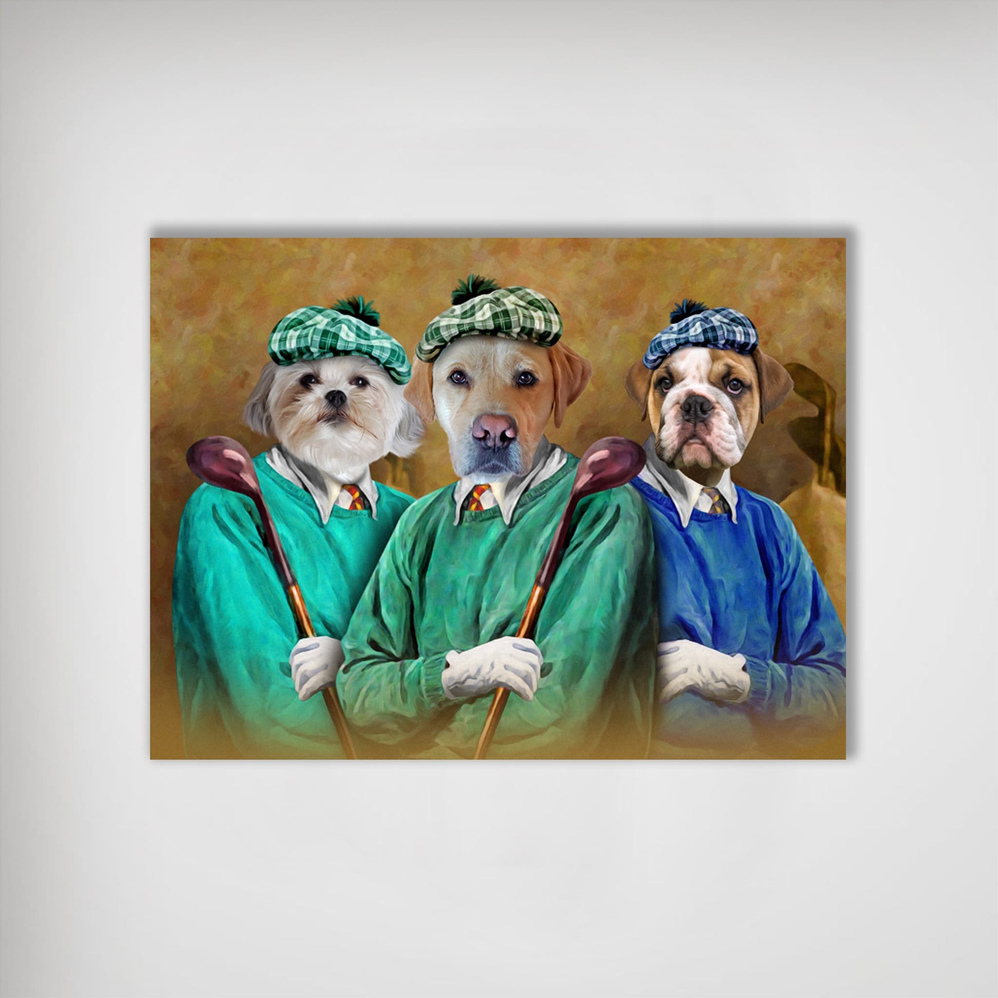 Personalized "The Golfers" poster featuring three pets dressed in golf attire and hats.