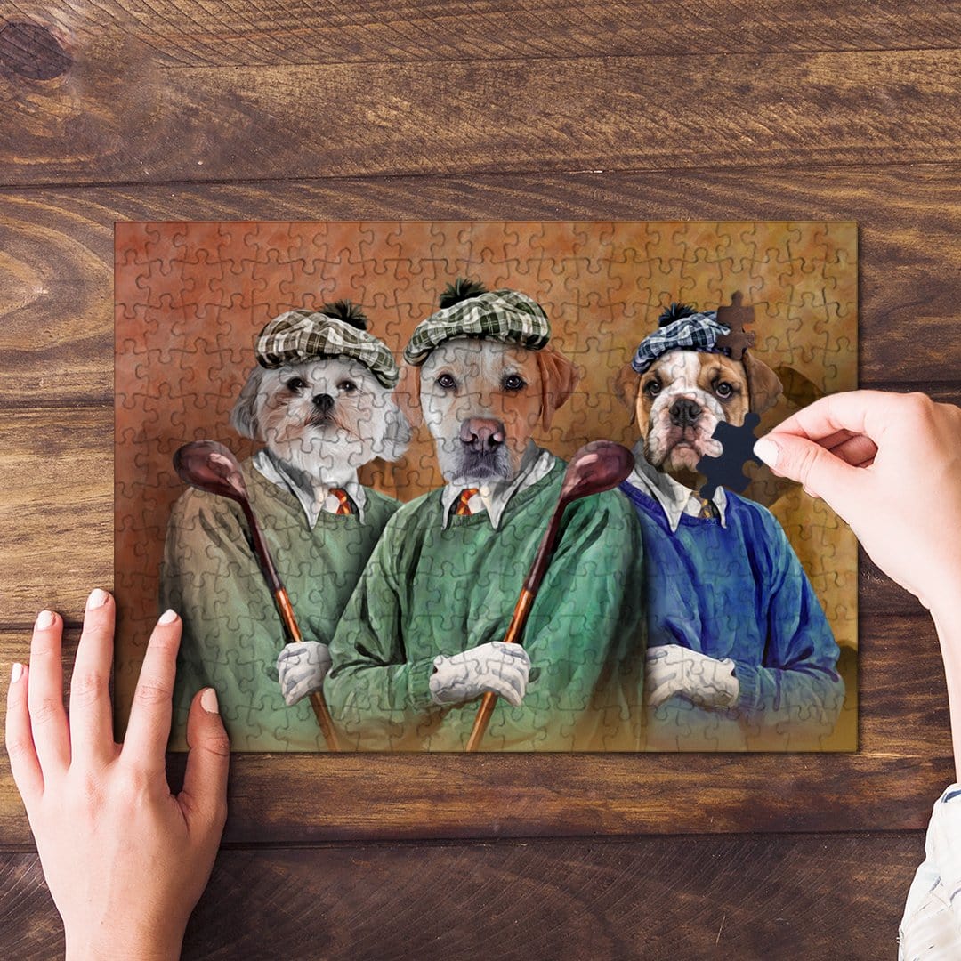 Personalized 3-pet puzzle featuring dogs dressed as golfers in a renaissance portrait style.