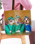 Personalized 3-pet tote bag featuring dogs in "The Golfers" renaissance portrait style.