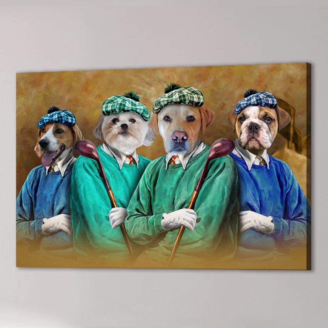 Four personalized pet portraits on canvas, depicting dogs as golfers in green and blue sweaters with plaid hats.