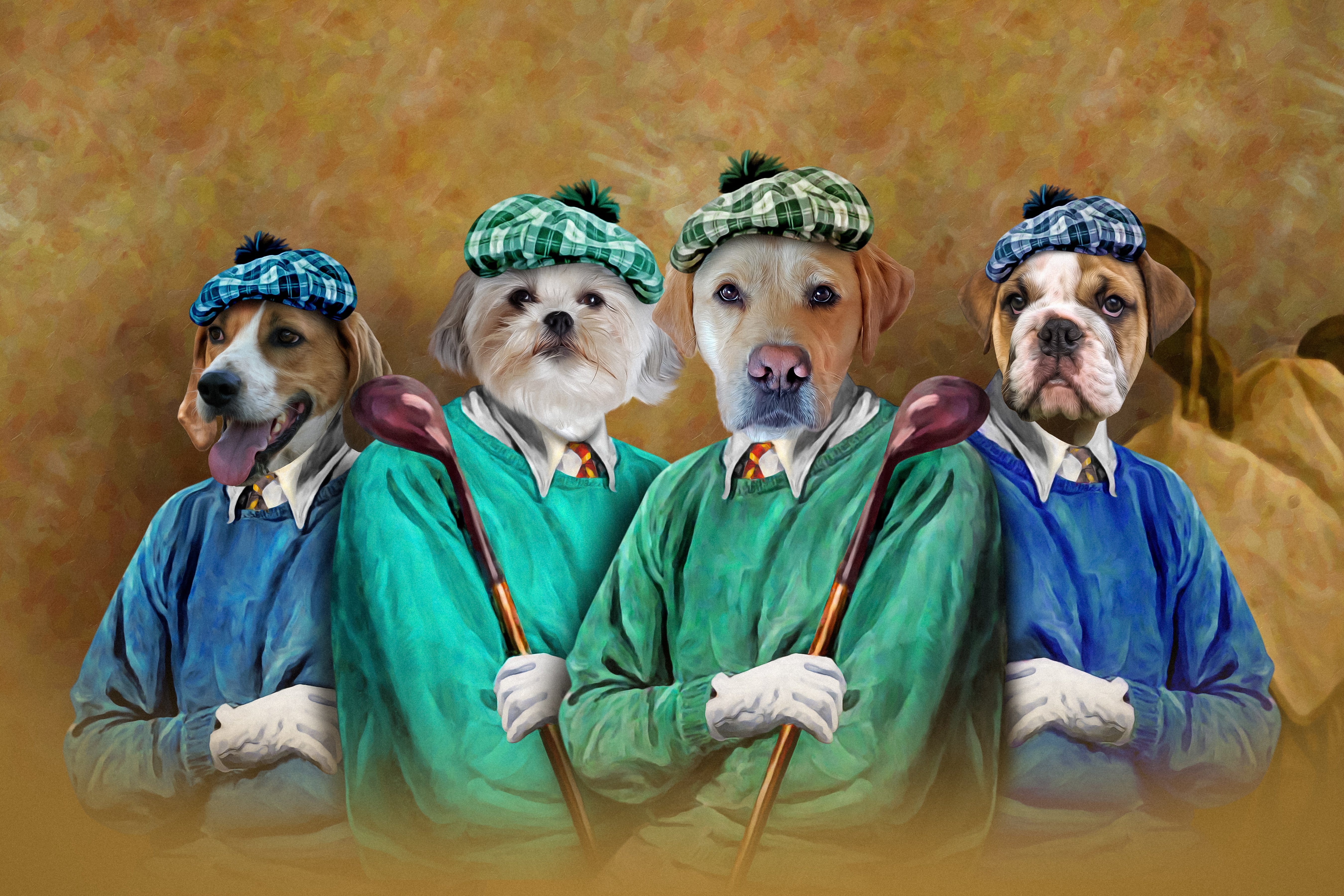 Personalized 4 pet digital portrait of dogs dressed as golfers in a classic painting style.
