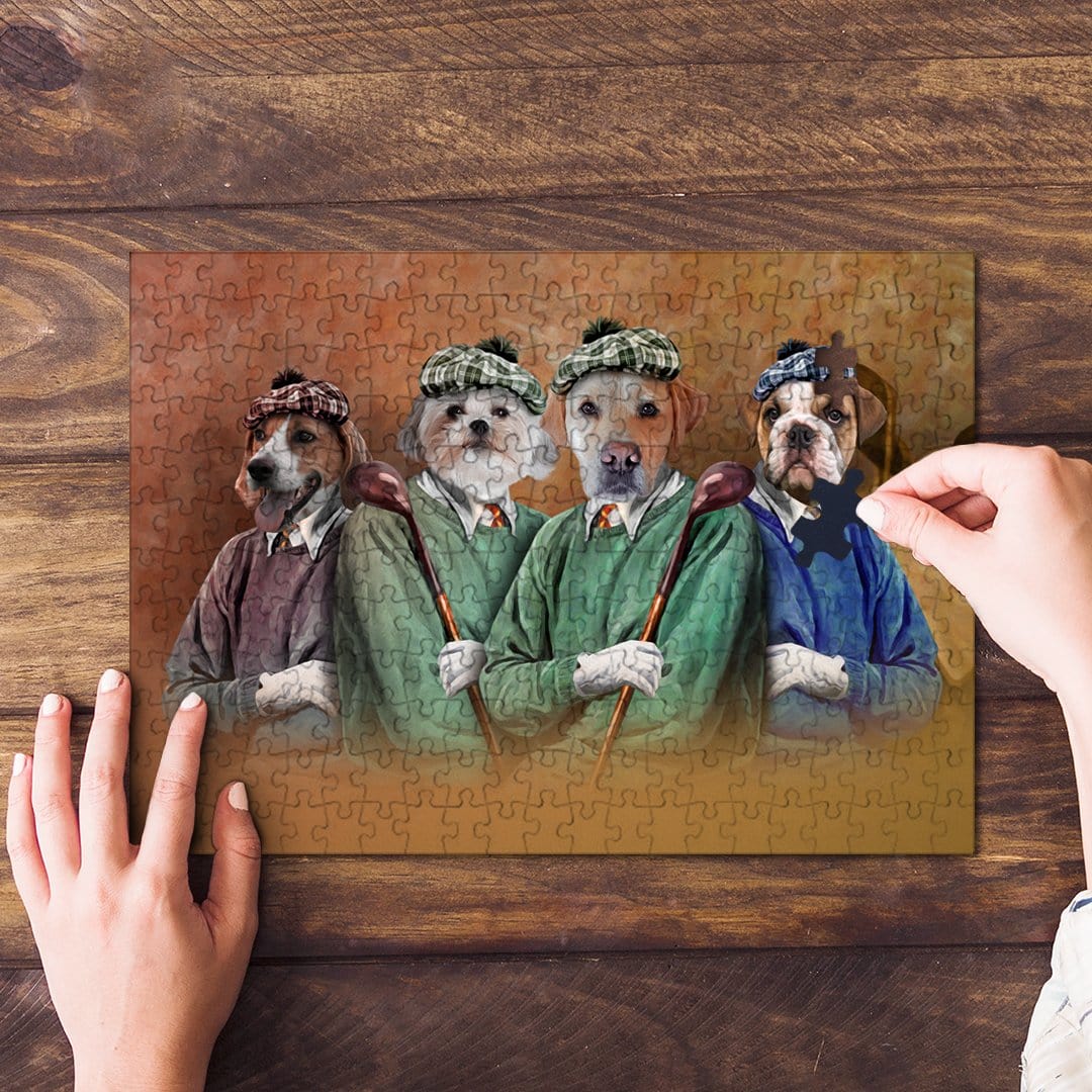 Personalized 4-pet puzzle featuring dogs in vintage golfer attire, being assembled on a wooden table.