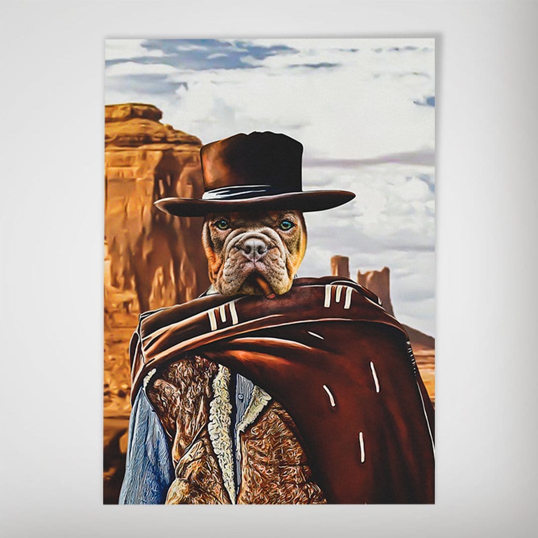 Personalized pet poster featuring a dog in a cowboy hat and poncho against a desert backdrop.