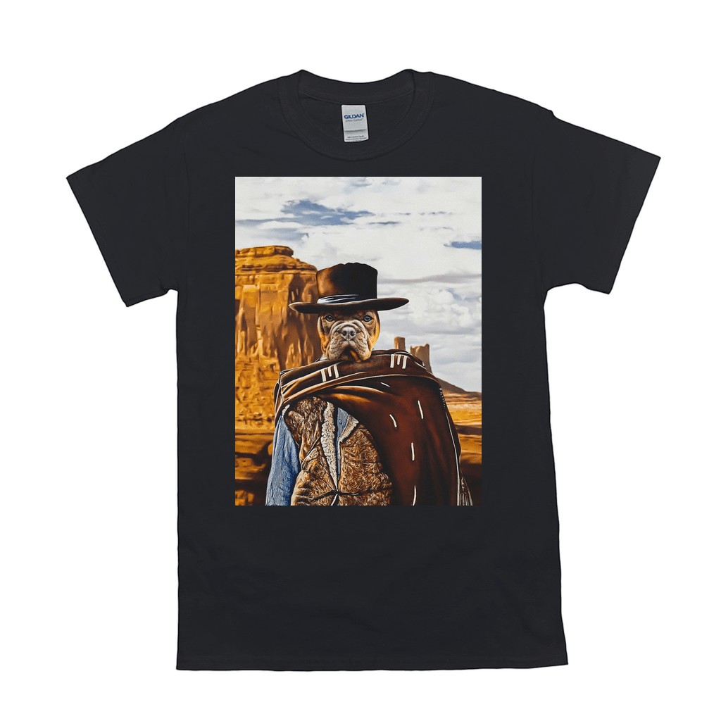 Black Gildan t-shirt with a personalized pet portrait of a dog dressed as a cowboy in a desert.
