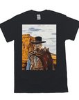 Black Gildan t-shirt with a personalized pet portrait of a dog dressed as a cowboy in a desert.