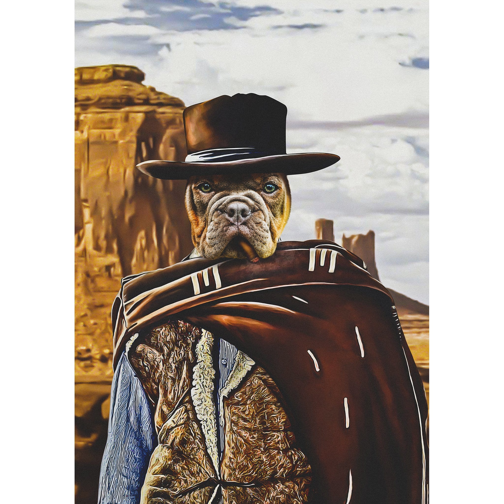 Personalized digital portrait of a dog as a cowboy in a western landscape.