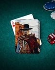 Personalized playing cards featuring a dog in a Western-style portrait, on a green felt table with poker chips and dice.