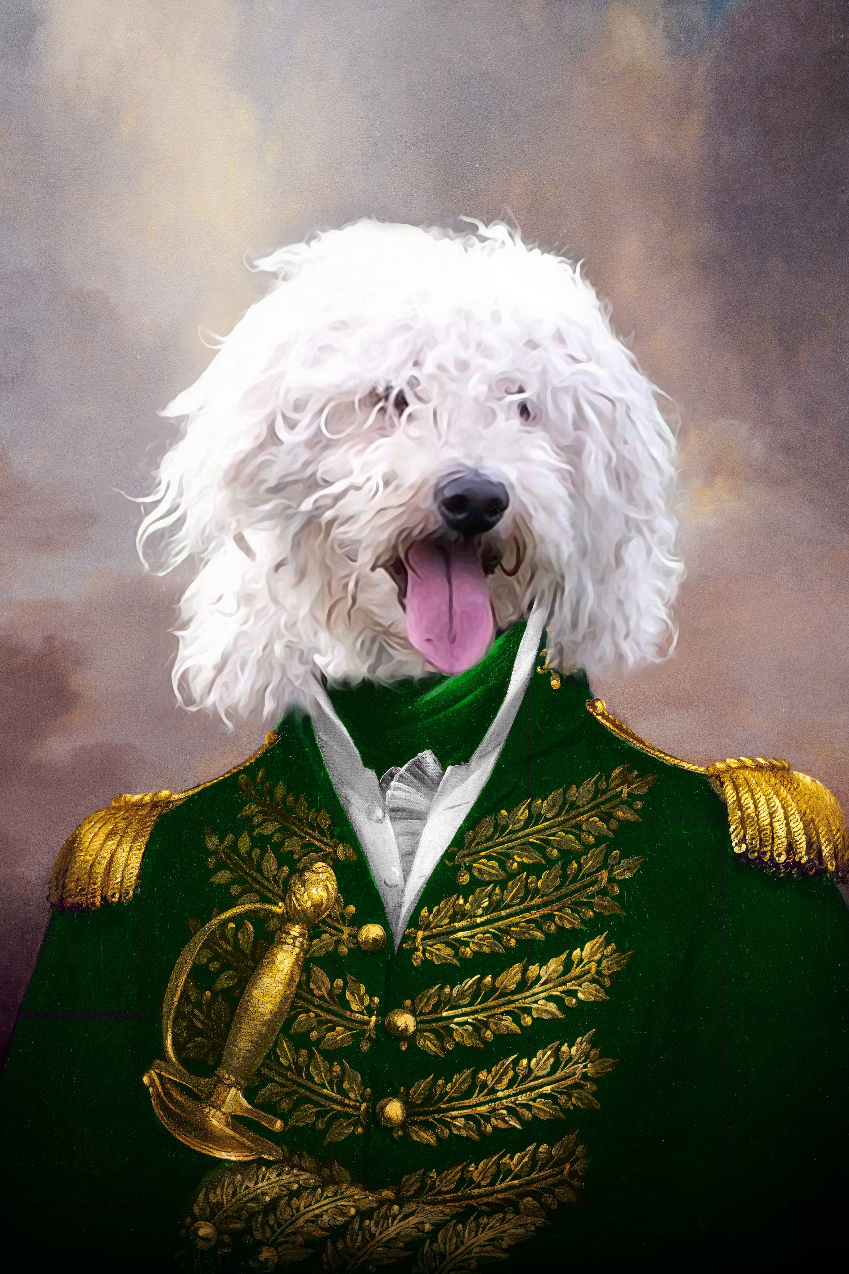 Custom digital portrait of a white fluffy dog as 'The Green Admiral' in a Renaissance-style uniform.