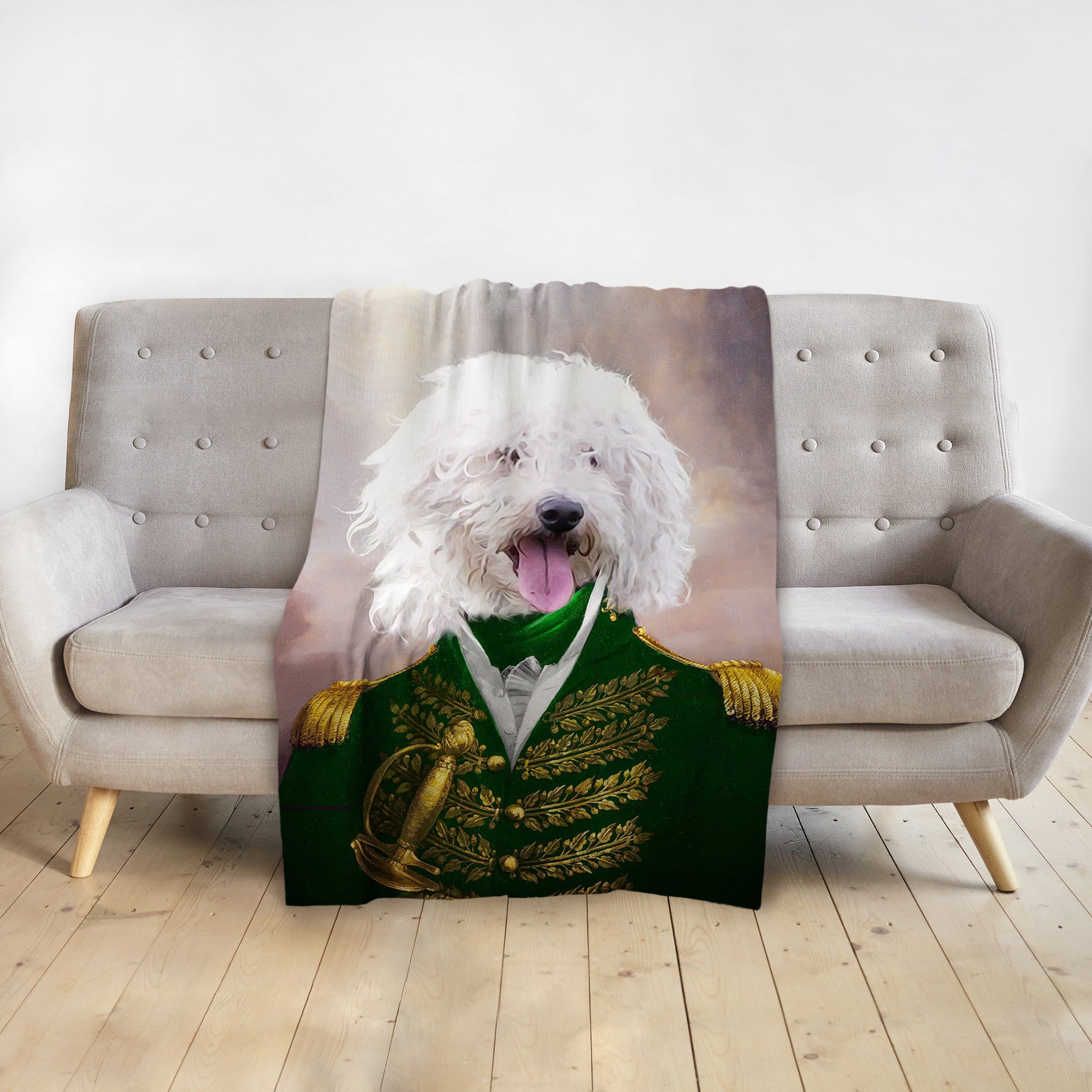 Personalized pet blanket with a white dog in a green admiral renaissance portrait.