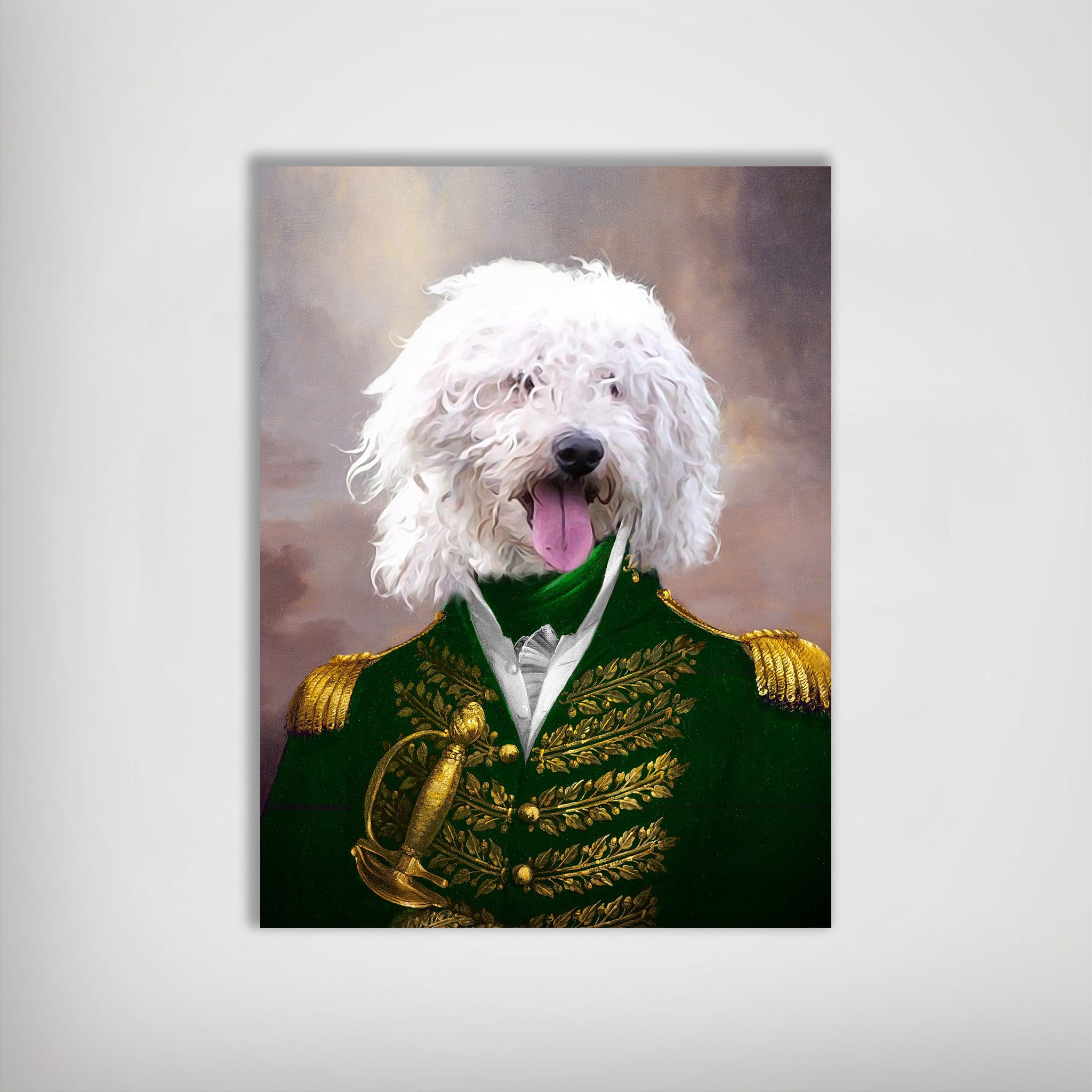 Personalized pet poster featuring a white fluffy dog in a green admiral's uniform with gold accents.