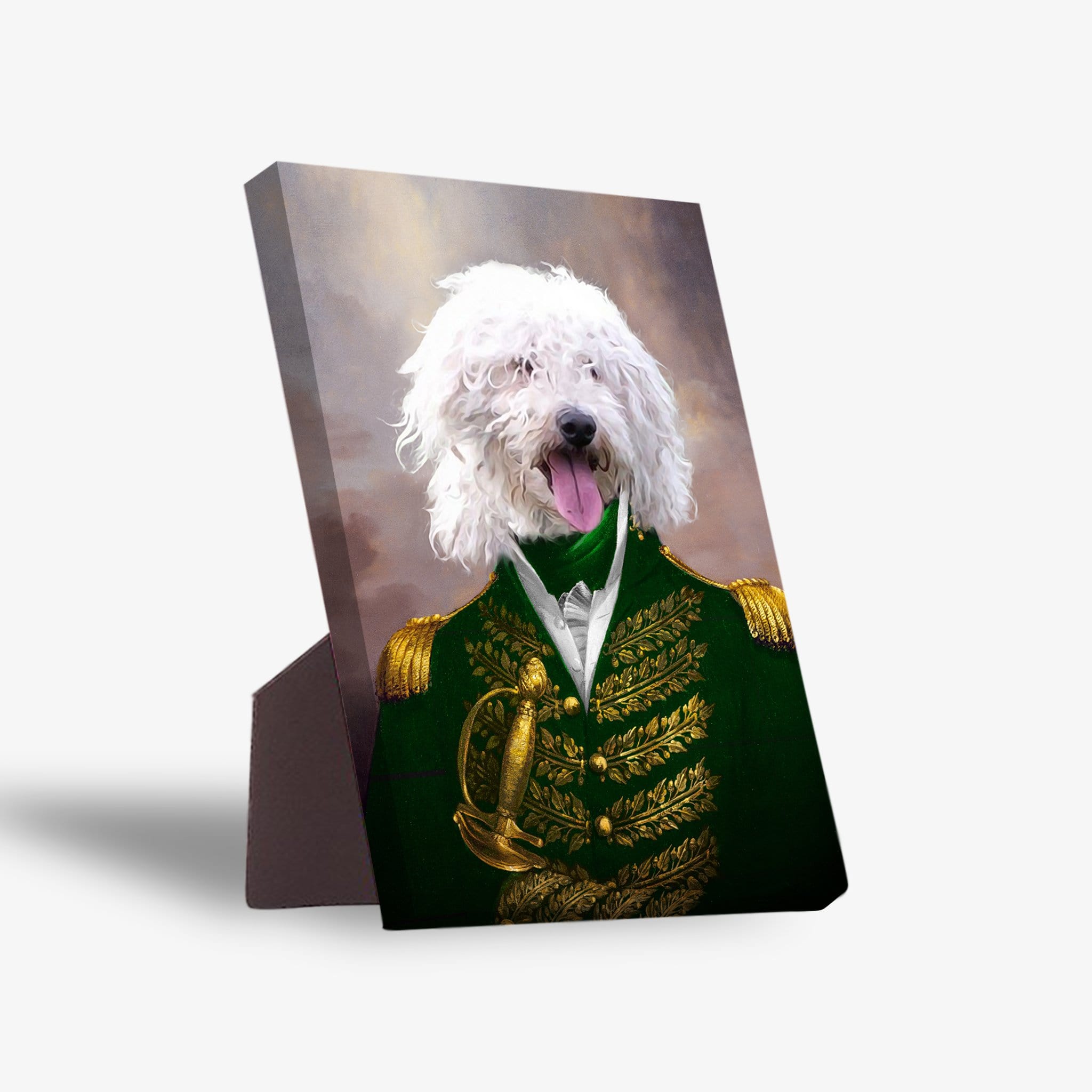 White fluffy dog in a green and gold admiral uniform on a standing canvas.