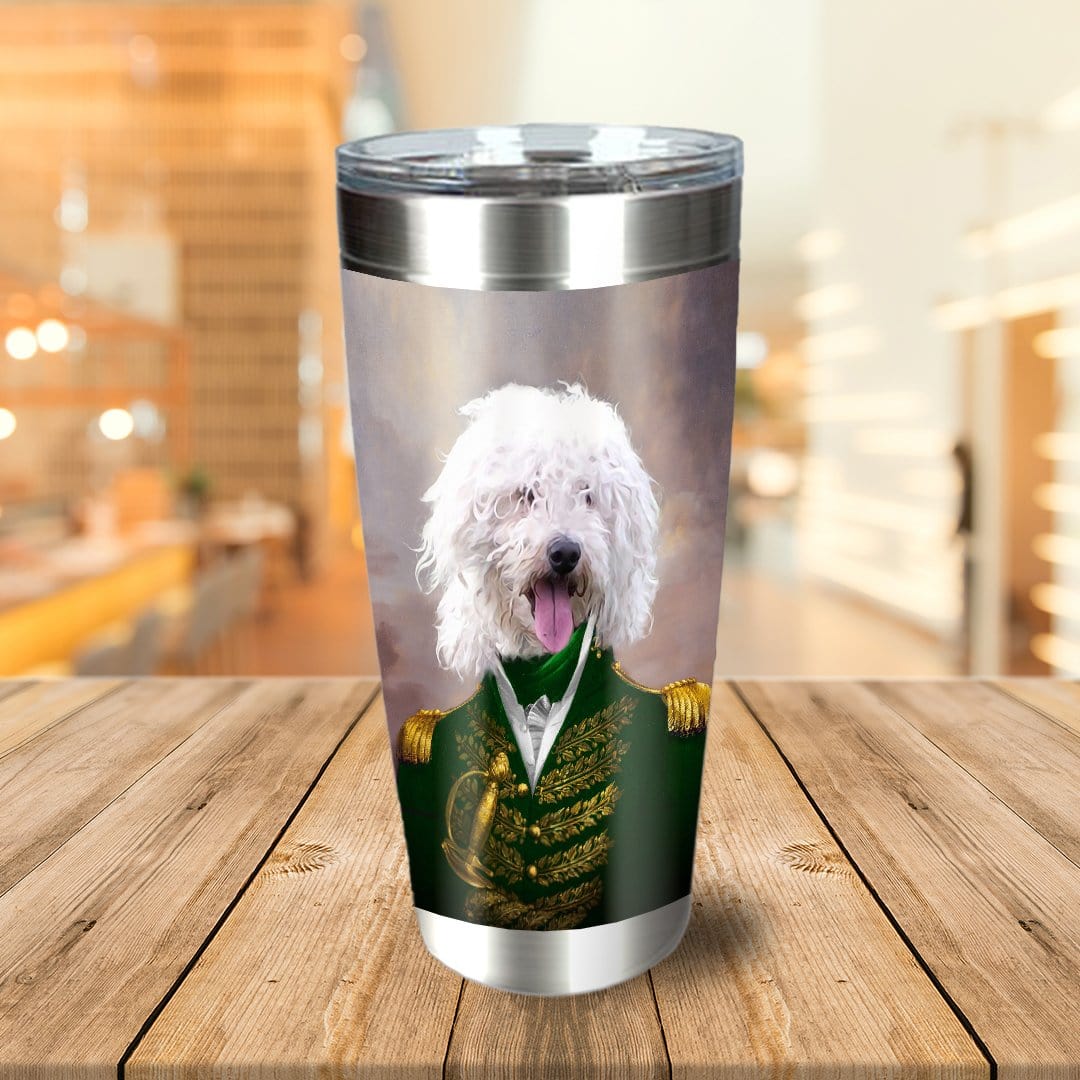 Personalized stainless steel tumbler with a white fluffy dog in a green admiral uniform portrait.