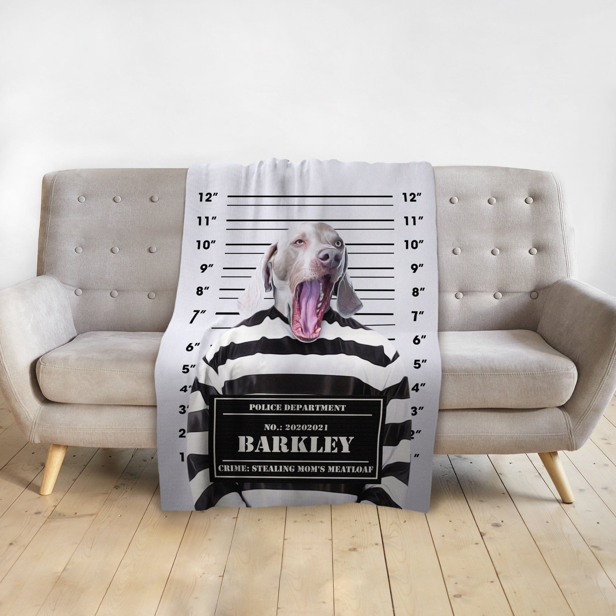 Personalized pet blanket with a Weimaraner dog in a mugshot-style portrait, wearing a striped uniform.